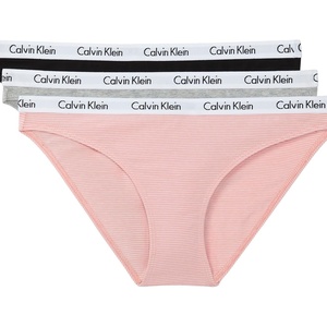 Calvin Klein Women’s Carousel Logo Cotton Stretch Bikini Panties, 3 Pack(Black/Grey Hthr/Feeder Stripe Coral Almond)
