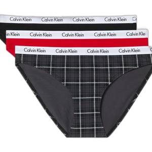 Calvin Klein Women’s Carousel Logo Cotton Stretch Bikini Panties, 3 Pack(Black/Obsess/Dunn Plaid Black)