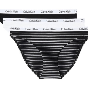 Calvin Klein Women’s Carousel Logo Cotton Stretch Bikini Panties, 3 Pack(Black/White/Emmy Stripe and Black)
