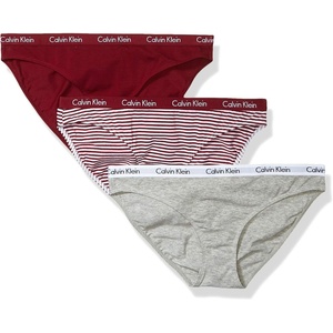 Calvin Klein Women’s Carousel Logo Cotton Stretch Bikini Panties, 3 Pack(Grey Heather/Raspberry Jam/Stripe)