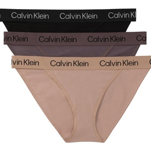 Calvin Klein Women’s Cotton Stretch Renewed String Bikini Panties, 3 Pack(Black/ Cedar/ Sparrow)