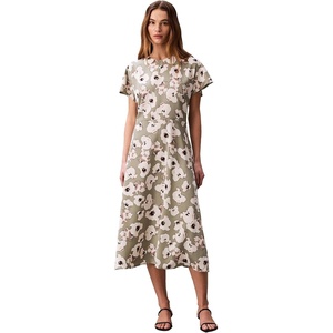 Calvin Klein Women’s Matte Satin Short Sleeve Midi Dress(Shadow Buttercup Floral Print)