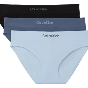 Calvin Klein Women’s Microfiber Seamless Rib Bikini Panties, 3 Pack(Black/ Ice Water/ Scorched Denim)