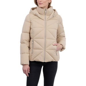 Calvin Klein Women’s Puffer Jacket With Adjustable Hood, Short Midweight Puffer Coat, Water Resistant(White Pepper)