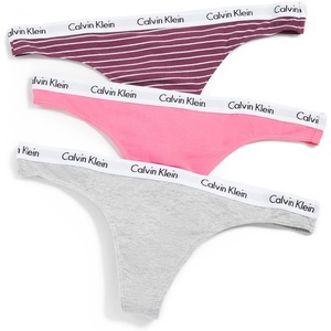 Calvin Klein womens Carousel Logo Cotton Stretch Thong Panties, Multipack(Feeder Stripe_ripe Berry/Grey Heather/Pink Smoothie)