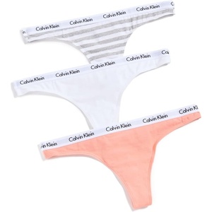 Calvin Klein womens Carousel Logo Cotton Stretch Thong Panties, Multipack(Mellow Orange/White/Rainer Stripe Grey Heather)