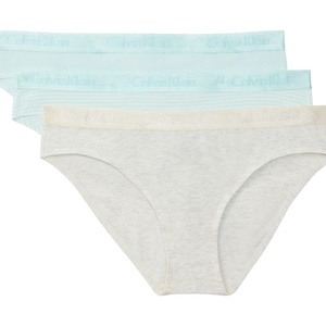 Calvin Klein womens Motive Cotton Multipack Bikini Panty 3 Pack(Blue Glass/Snow Heather/Marching Stripe Blue Glass)