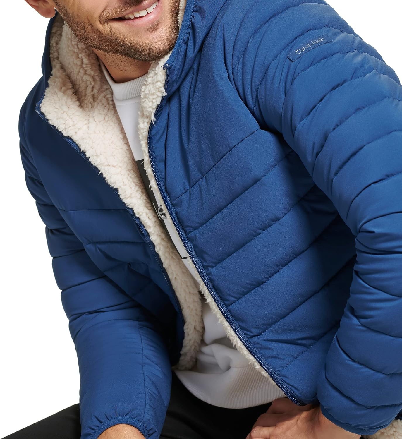 image:imageCalvin Klein Mens Lightweight Packable Down Jacket With Sherpa LiningHooded Down Blue