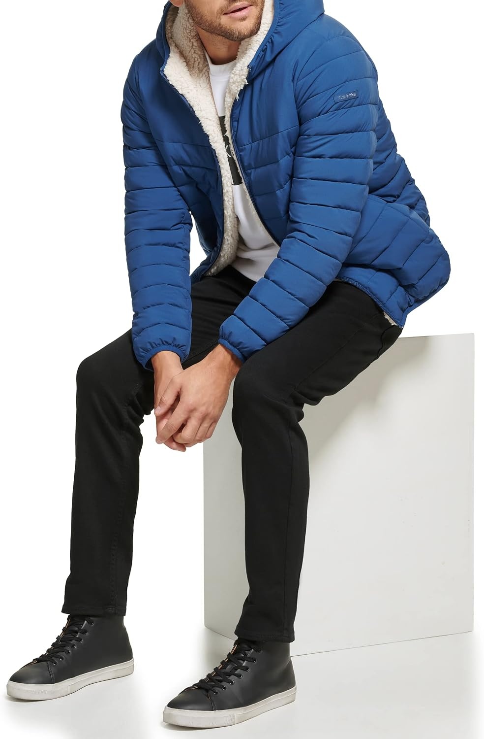 image:imageCalvin Klein Mens Lightweight Packable Down Jacket With Sherpa LiningHooded Down Blue