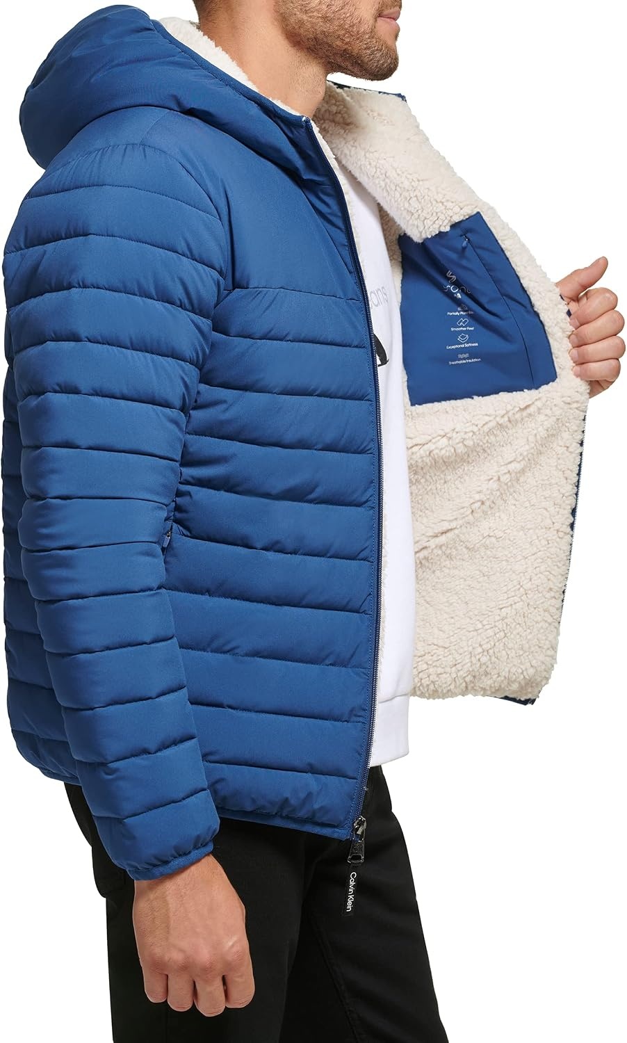 image:imageCalvin Klein Mens Lightweight Packable Down Jacket With Sherpa LiningHooded Down Blue