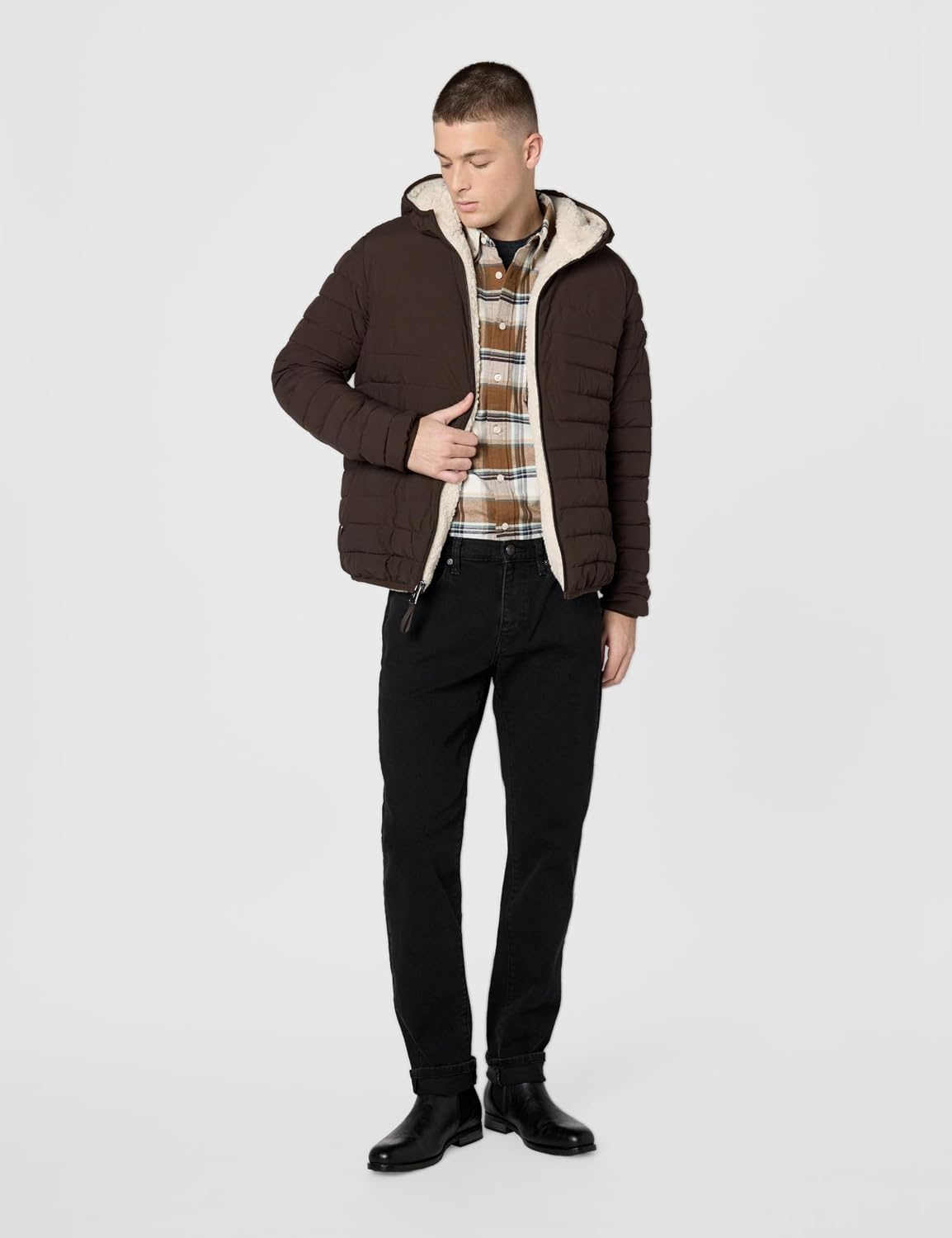 image:imageCalvin Klein Mens Lightweight Packable Down Jacket With Sherpa LiningHooded Down Brown Camel