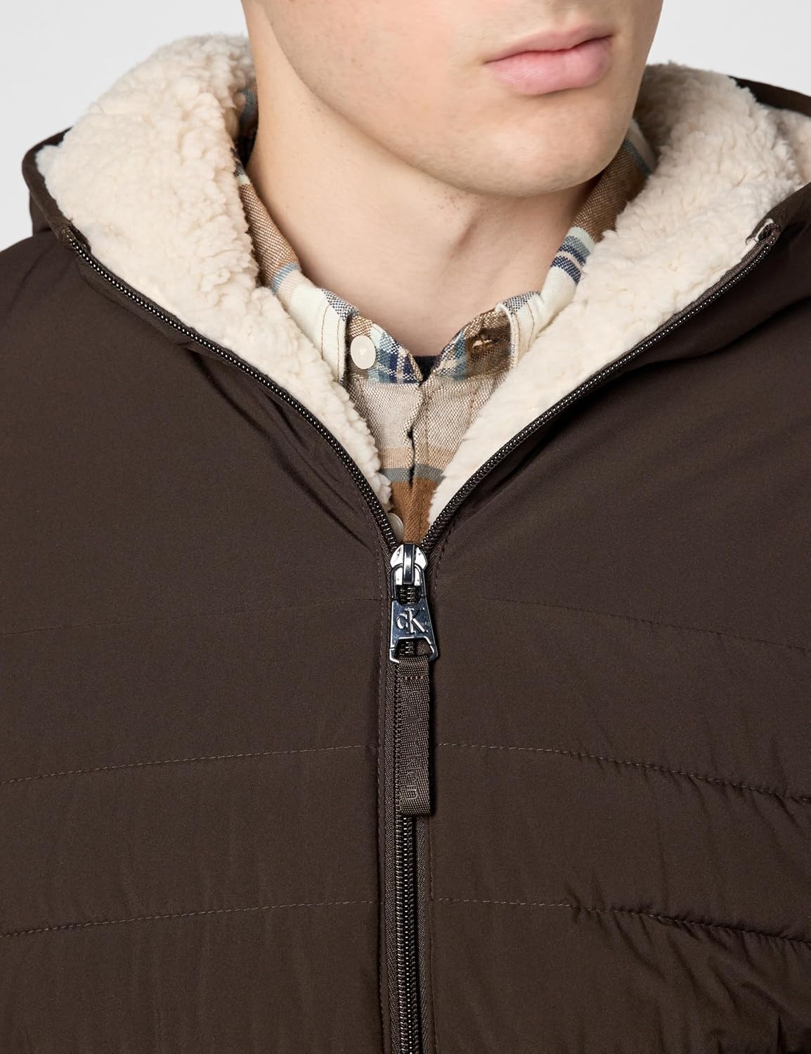 image:imageCalvin Klein Mens Lightweight Packable Down Jacket With Sherpa LiningHooded Down Brown Camel