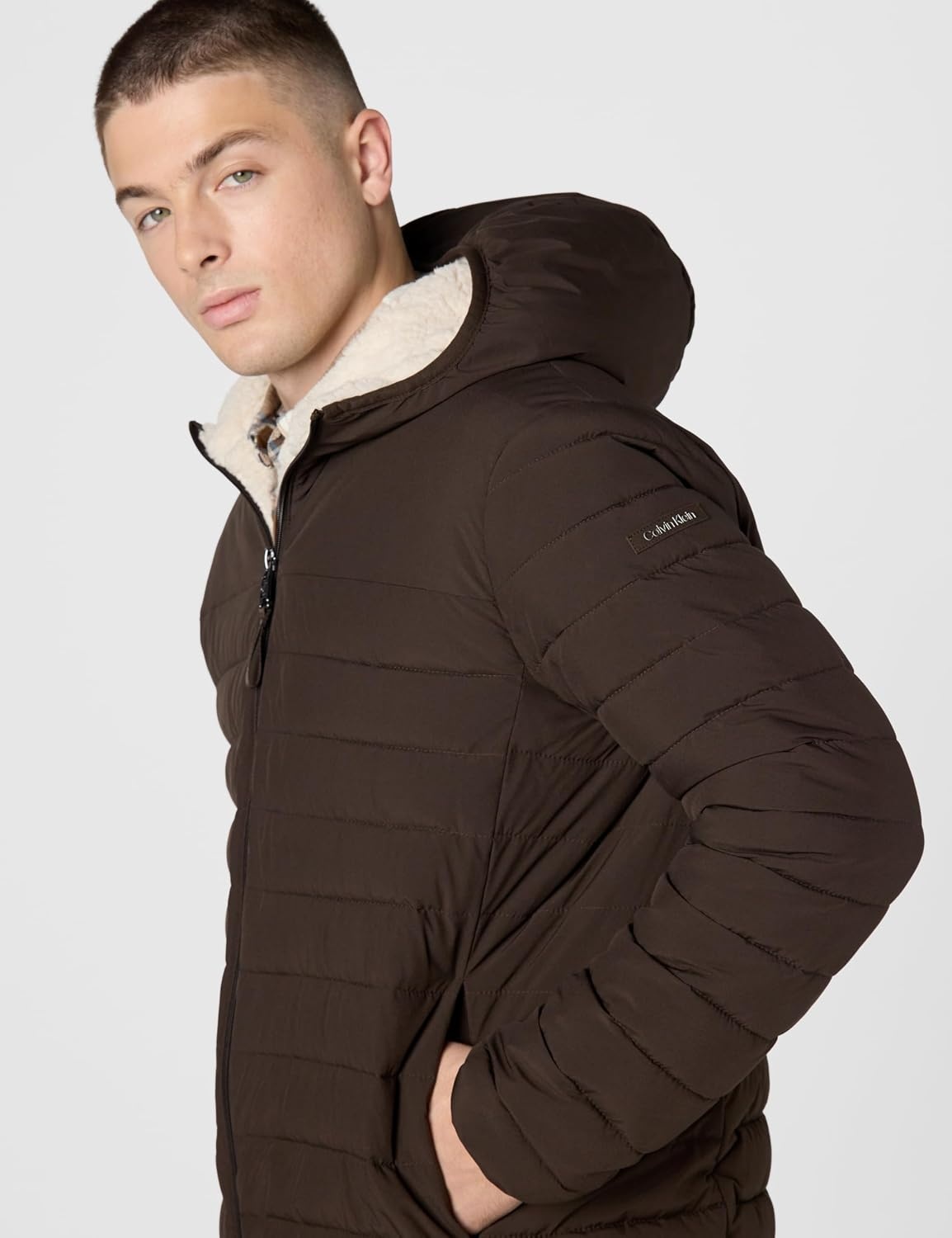 image:imageCalvin Klein Mens Lightweight Packable Down Jacket With Sherpa LiningHooded Down Brown Camel
