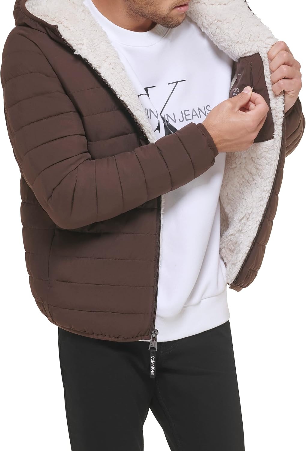 image:imageCalvin Klein Mens Lightweight Packable Down Jacket With Sherpa LiningHooded Down Brown Camel