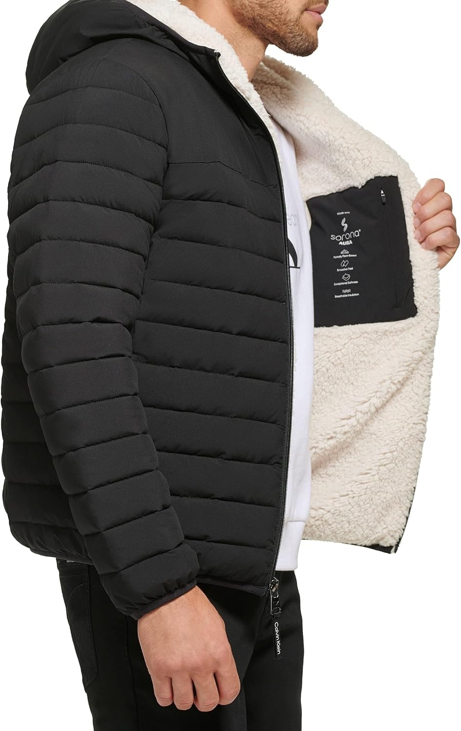 image:imageCalvin Klein Mens Lightweight Packable Down Jacket With Sherpa LiningHooded Down Ebony