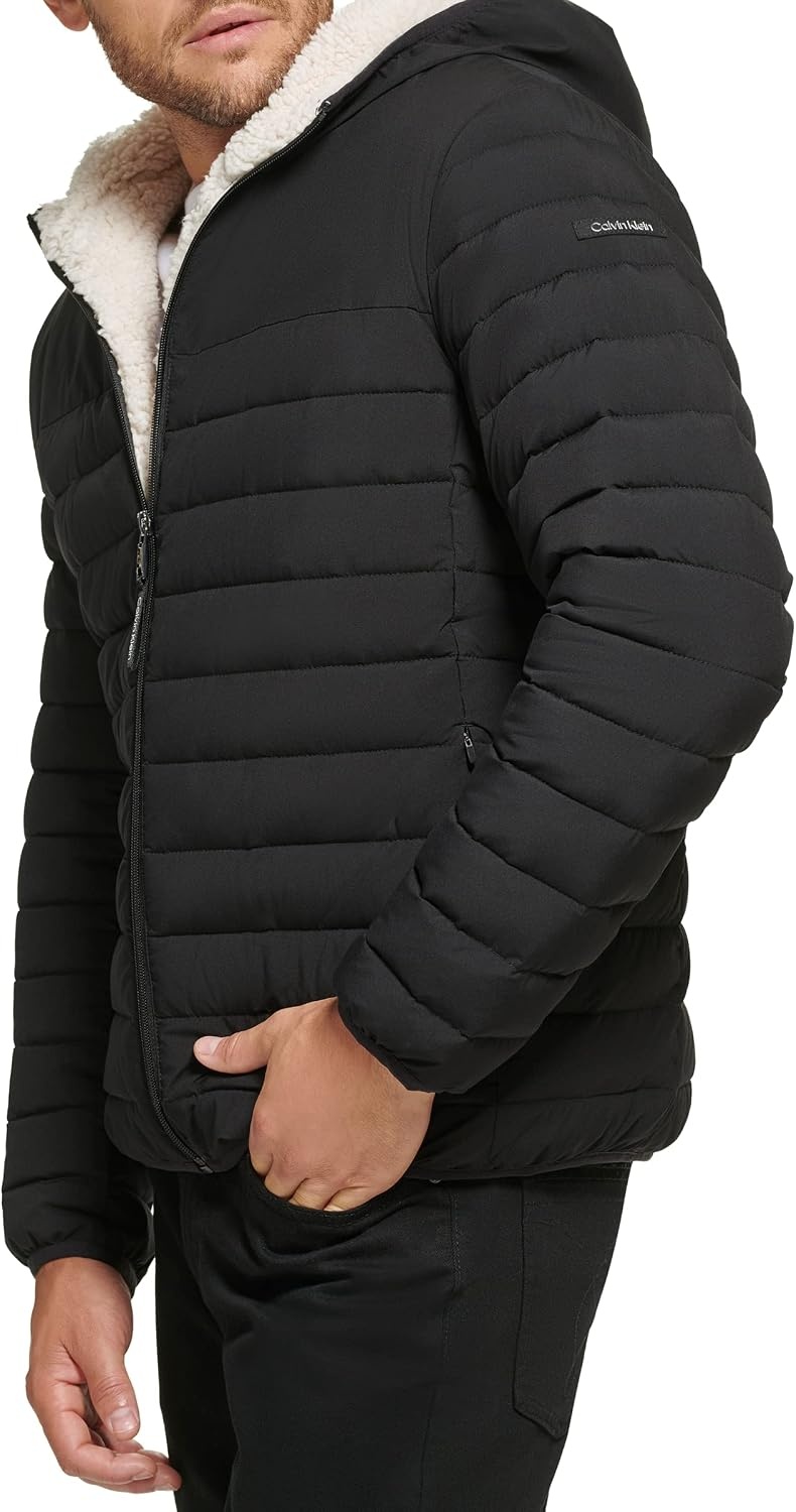 image:imageCalvin Klein Mens Lightweight Packable Down Jacket With Sherpa LiningHooded Down Ebony
