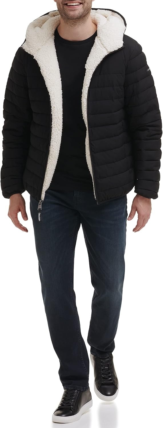image:imageCalvin Klein Mens Lightweight Packable Down Jacket With Sherpa LiningHooded Down Ebony