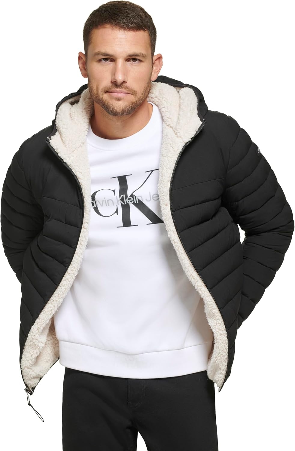 image:imageCalvin Klein Mens Lightweight Packable Down Jacket With Sherpa LiningHooded Down Ebony