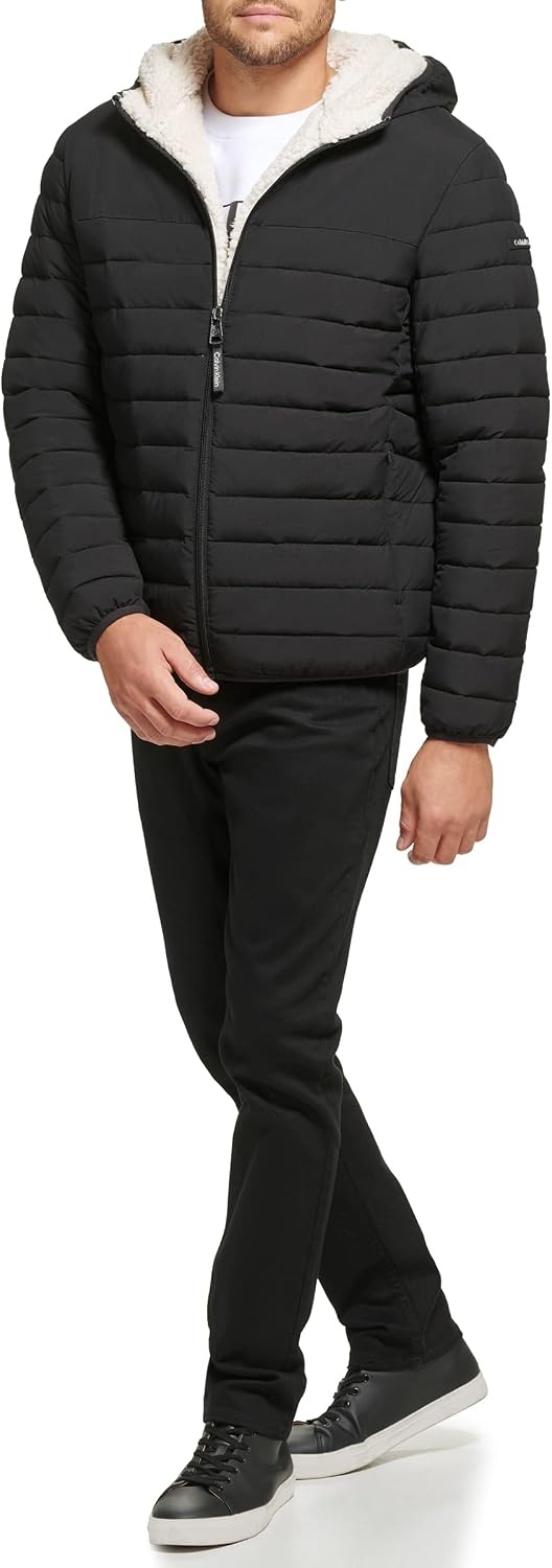 image:imageCalvin Klein Mens Lightweight Packable Down Jacket With Sherpa LiningHooded Down Ebony