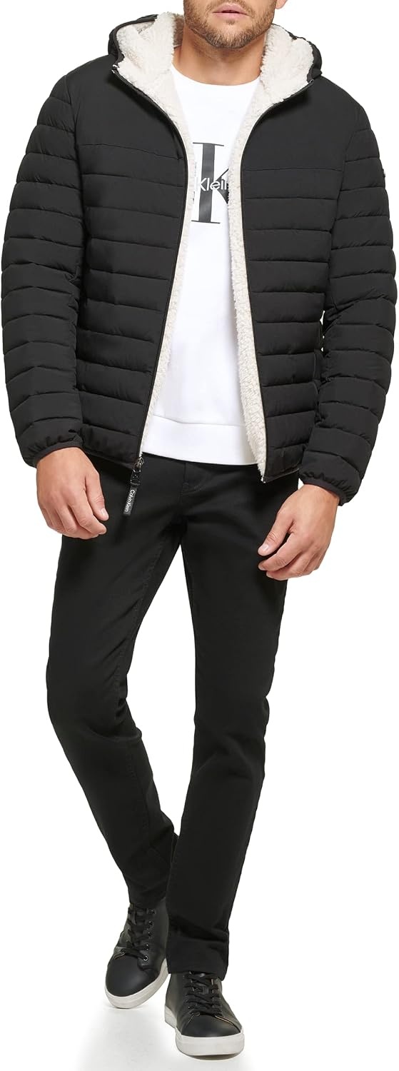 image:imageCalvin Klein Mens Lightweight Packable Down Jacket With Sherpa LiningHooded Down Ebony