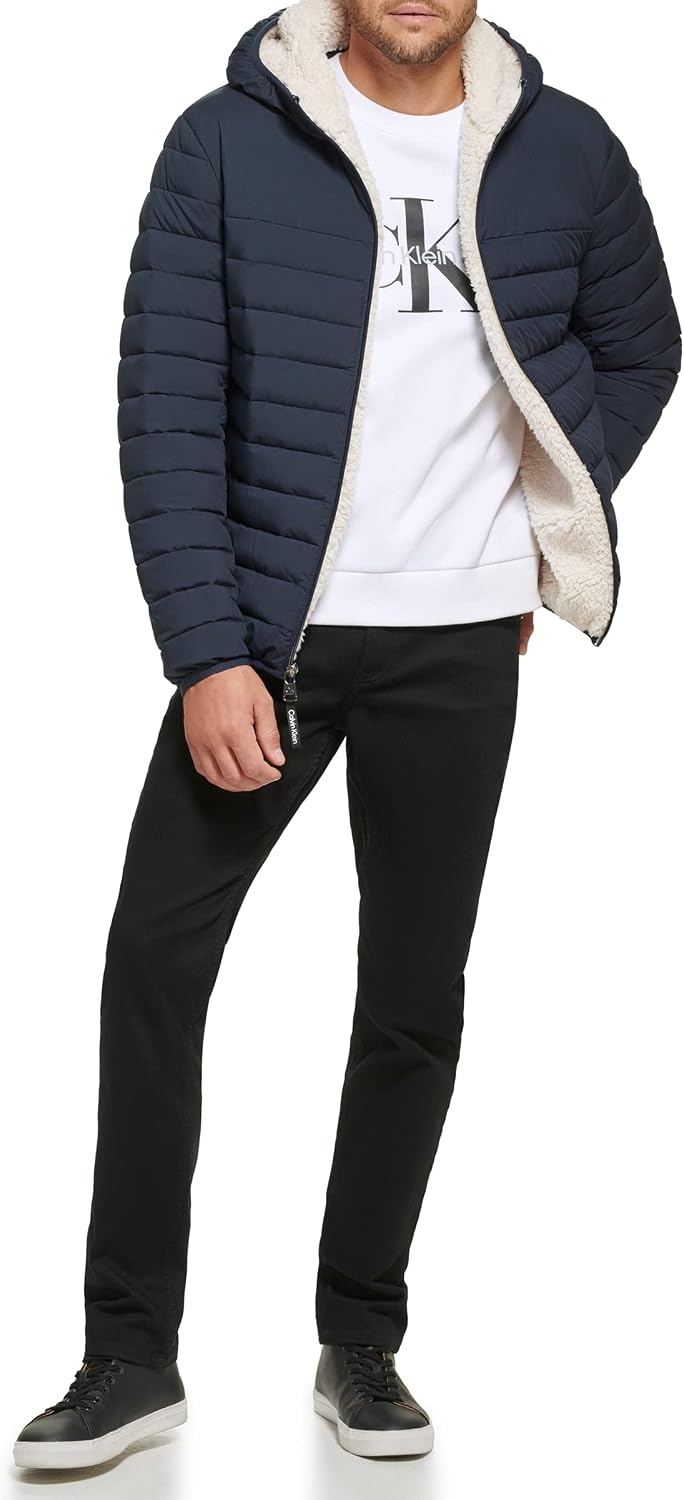 image:imageCalvin Klein Mens Lightweight Packable Down Jacket With Sherpa LiningHooded Down True Navy