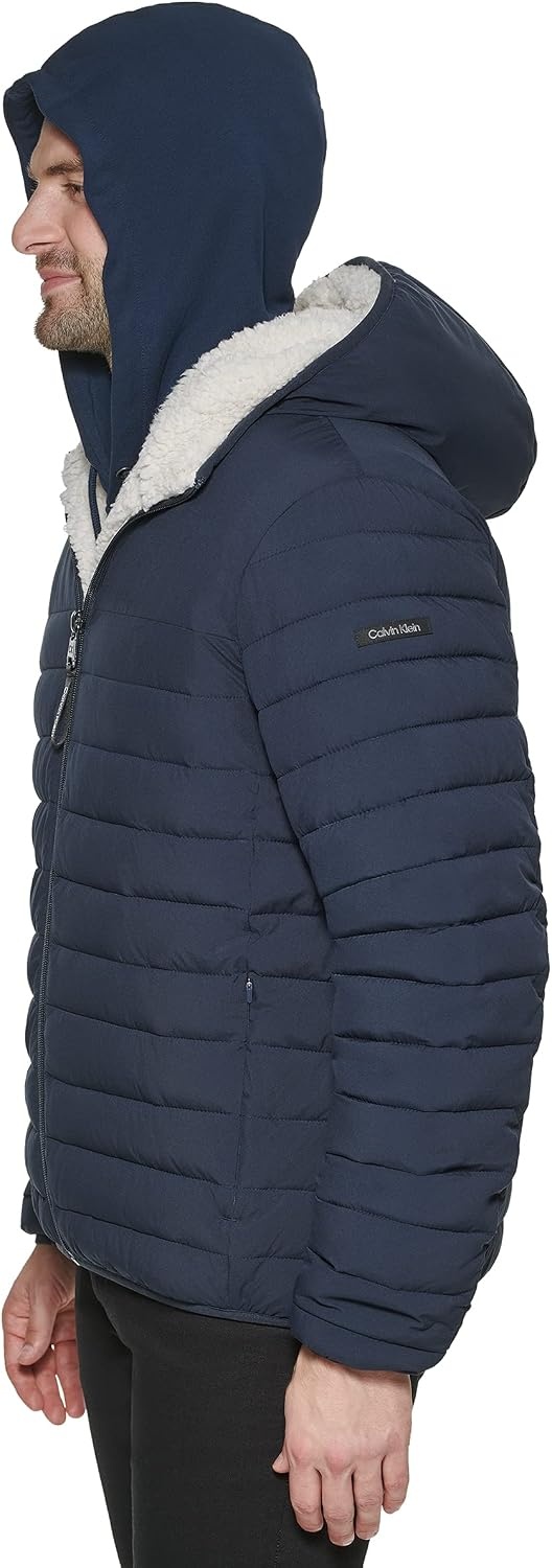 image:imageCalvin Klein Mens Lightweight Packable Down Jacket With Sherpa LiningHooded Down True Navy