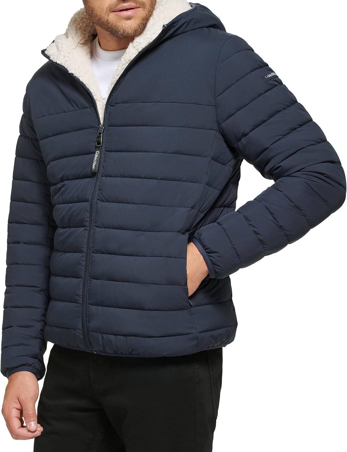 image:imageCalvin Klein Mens Lightweight Packable Down Jacket With Sherpa LiningHooded Down True Navy
