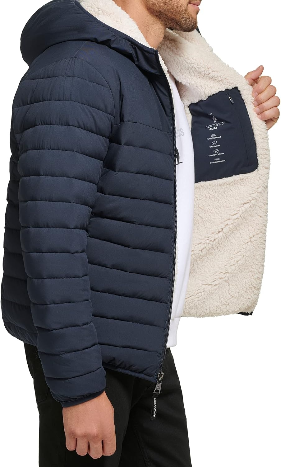 image:imageCalvin Klein Mens Lightweight Packable Down Jacket With Sherpa LiningHooded Down True Navy