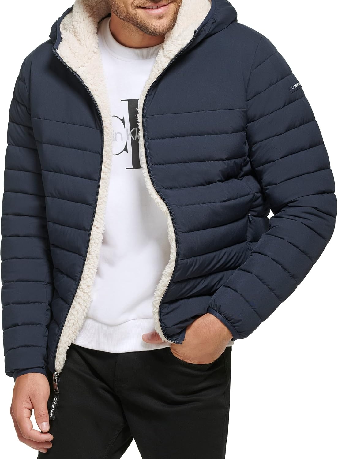 image:imageCalvin Klein Mens Lightweight Packable Down Jacket With Sherpa LiningHooded Down True Navy