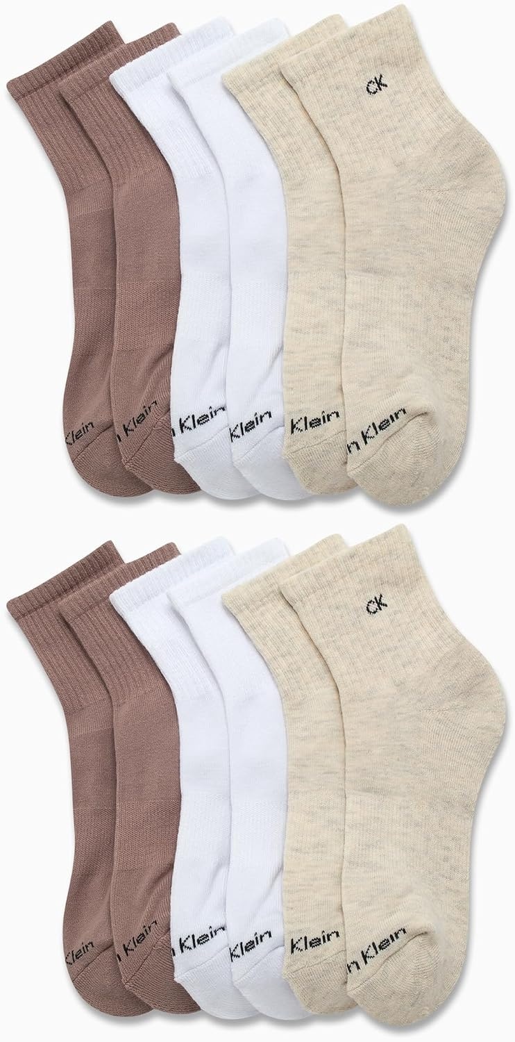 image:imageCalvin Klein Womens High Quarter Socks 12 Pack Terry Cushion Breathable Athletic Crew Socks for Women Shoe Size 410Beige Assorted
