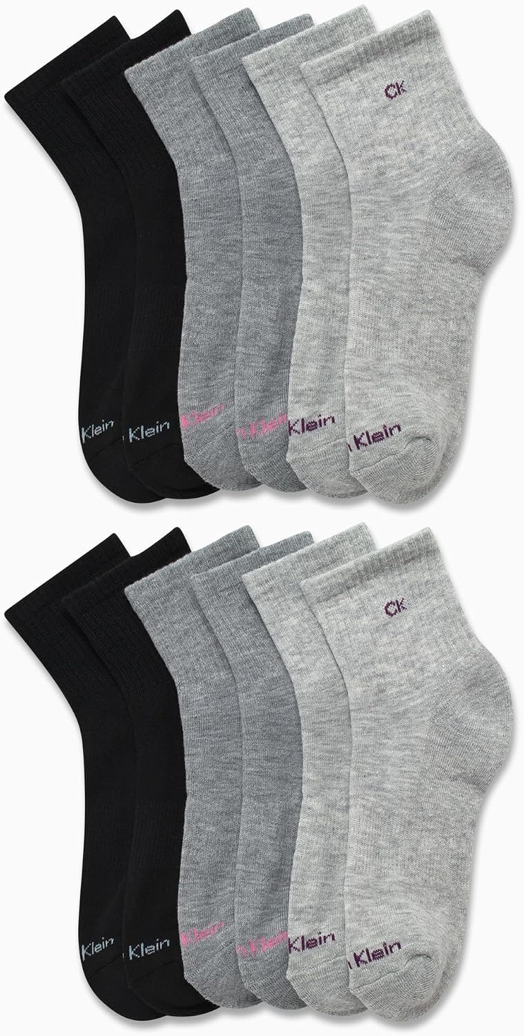 image:imageCalvin Klein Womens High Quarter Socks 12 Pack Terry Cushion Breathable Athletic Crew Socks for Women Shoe Size 410Grey Assorted