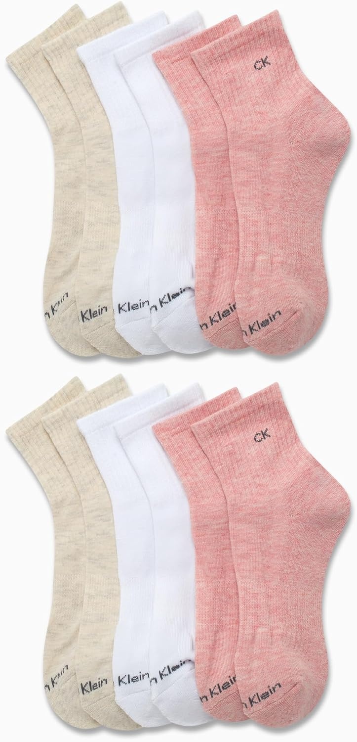 image:imageCalvin Klein Womens High Quarter Socks 12 Pack Terry Cushion Breathable Athletic Crew Socks for Women Shoe Size 410Pink Assorted