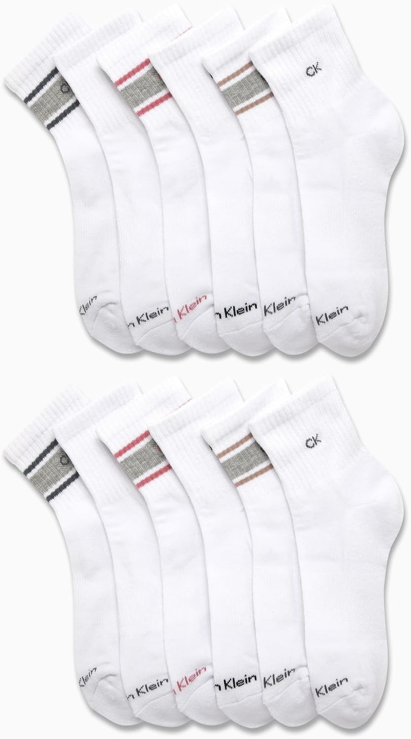 image:imageCalvin Klein Womens High Quarter Socks 12 Pack Terry Cushion Breathable Athletic Crew Socks for Women Shoe Size 410White Assorted