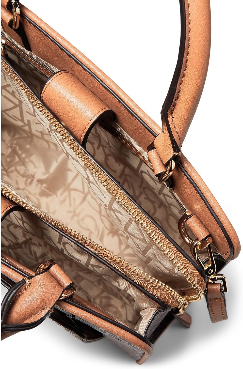 image:imageCalvin Klein Womens Margot Textured Logo Emboss SatchelBrownKhakiCaramel Embossed