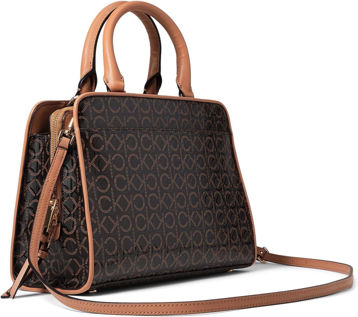 image:imageCalvin Klein Womens Margot Textured Logo Emboss SatchelBrownKhakiCaramel Embossed