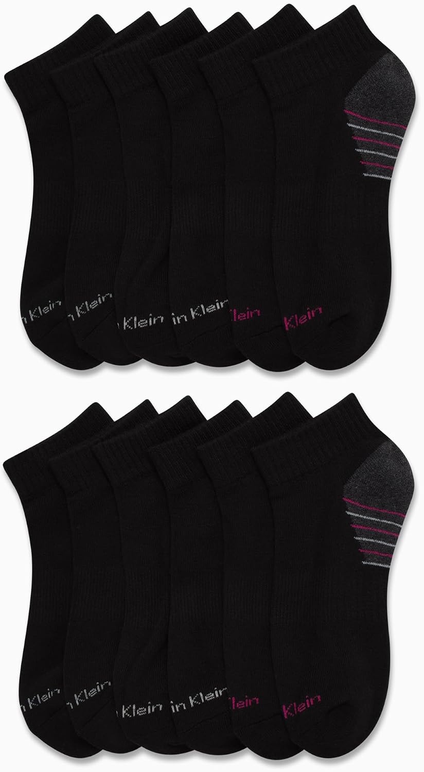image:imageCalvin Klein Womens Quarter Socks 12 Pack Soft Cushioned Athletic Performance Quarter Length Ankle Socks for WomenBlack Stripe