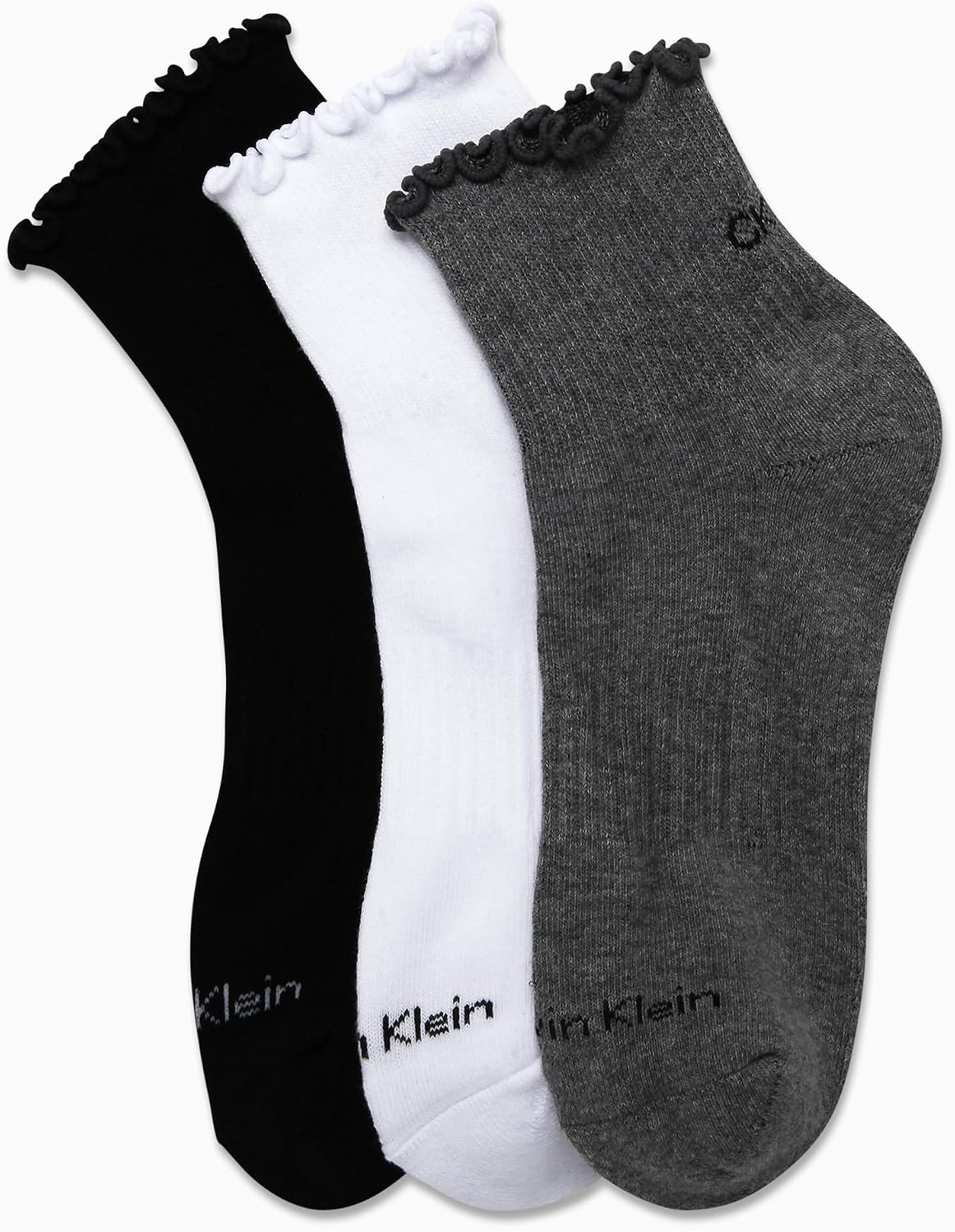 image:imageCalvin Klein Womens Quarter Socks 3 Pack Cotton Blend Cushioned Ruffle Quarter Socks for Women with Lettuce Edge CuffBlack Grey Ruffle