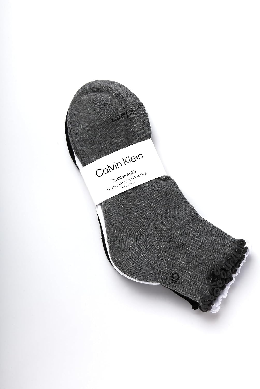 image:imageCalvin Klein Womens Quarter Socks 3 Pack Cotton Blend Cushioned Ruffle Quarter Socks for Women with Lettuce Edge CuffBlack Grey Ruffle