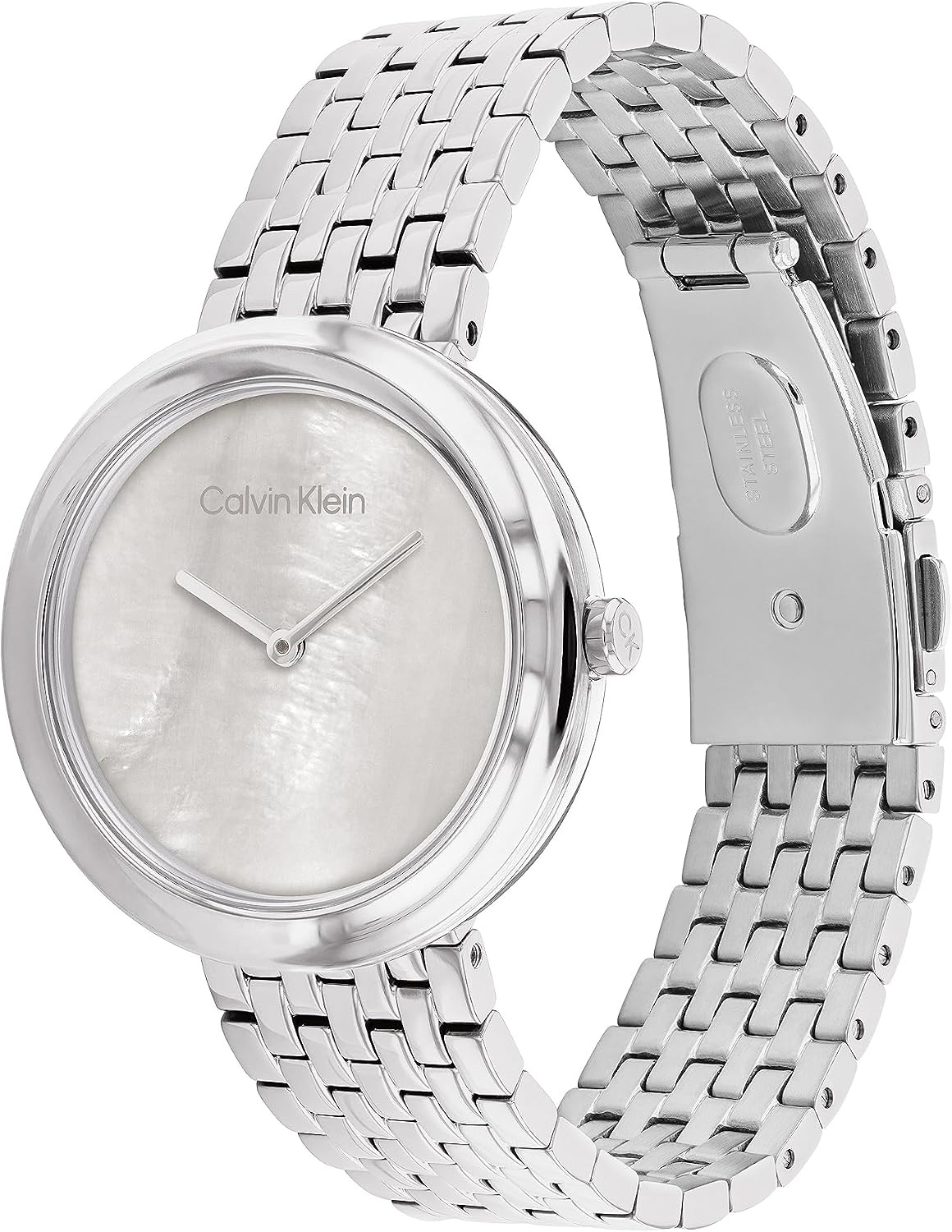 image:imageCalvin Klein Womens Twisted Bezel 34mm 2H Quartz Watch Stainless Steel Bracelet Water Resistance 30 Meters Minimalistic Style Premium Fashion Gift for HerGrey Mother of Pearl