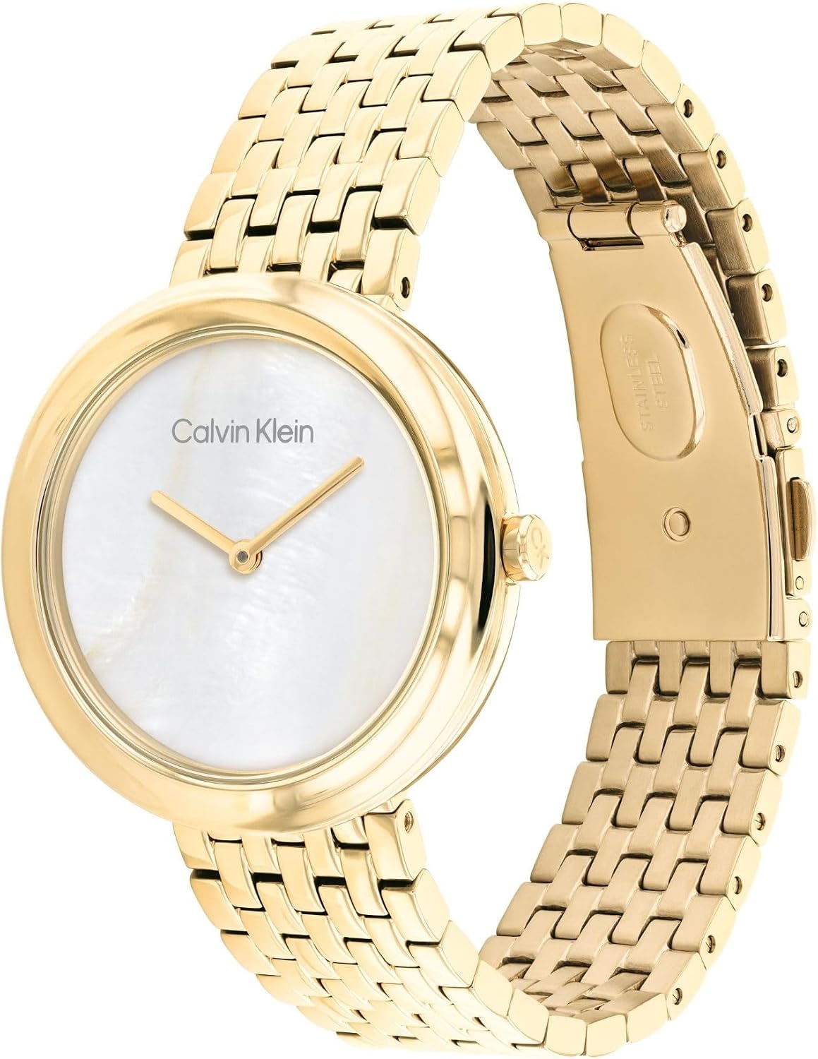 image:imageCalvin Klein Womens Twisted Bezel 34mm 2H Quartz Watch Stainless Steel Bracelet Water Resistance 30 Meters Minimalistic Style Premium Fashion Gift for HerWhite Mother of PearlGold