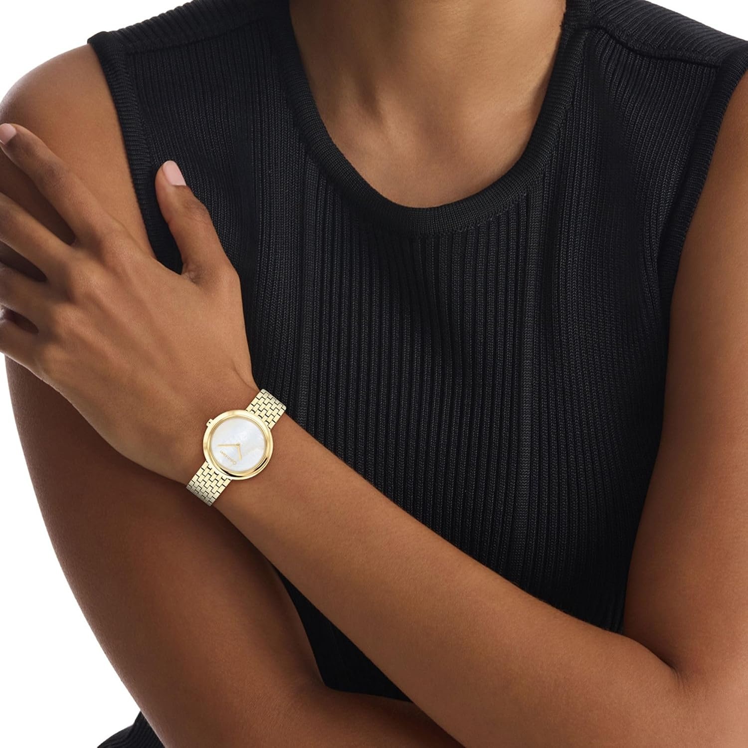 image:imageCalvin Klein Womens Twisted Bezel 34mm 2H Quartz Watch Stainless Steel Bracelet Water Resistance 30 Meters Minimalistic Style Premium Fashion Gift for HerWhite Mother of PearlGold
