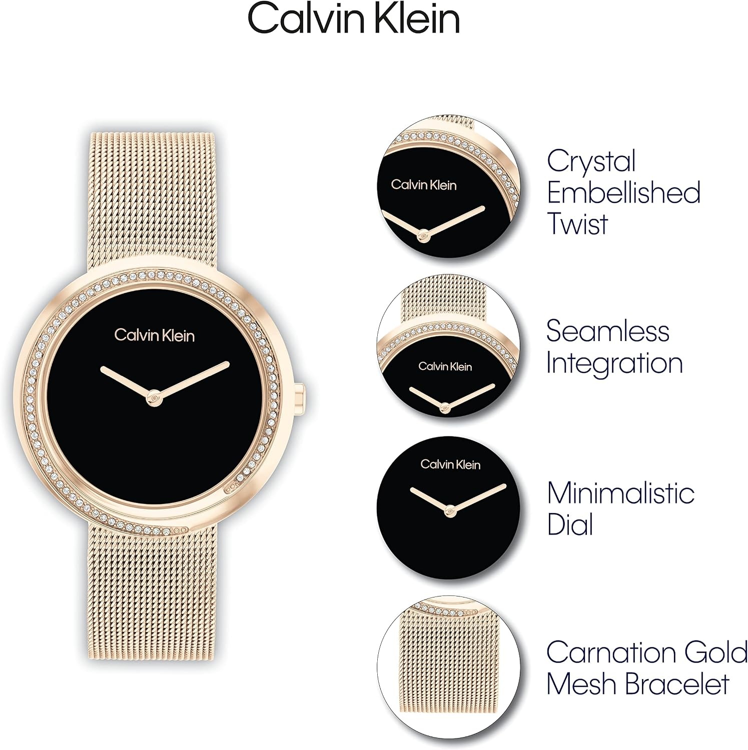 image:imageCalvin Klein Womens Twisted Bezel 34mm 2H Quartz Watch Stainless Steel Bracelet Water Resistance 30 Meters Minimalistic Style Premium Fashion Gift for HerBlack Rose Gold