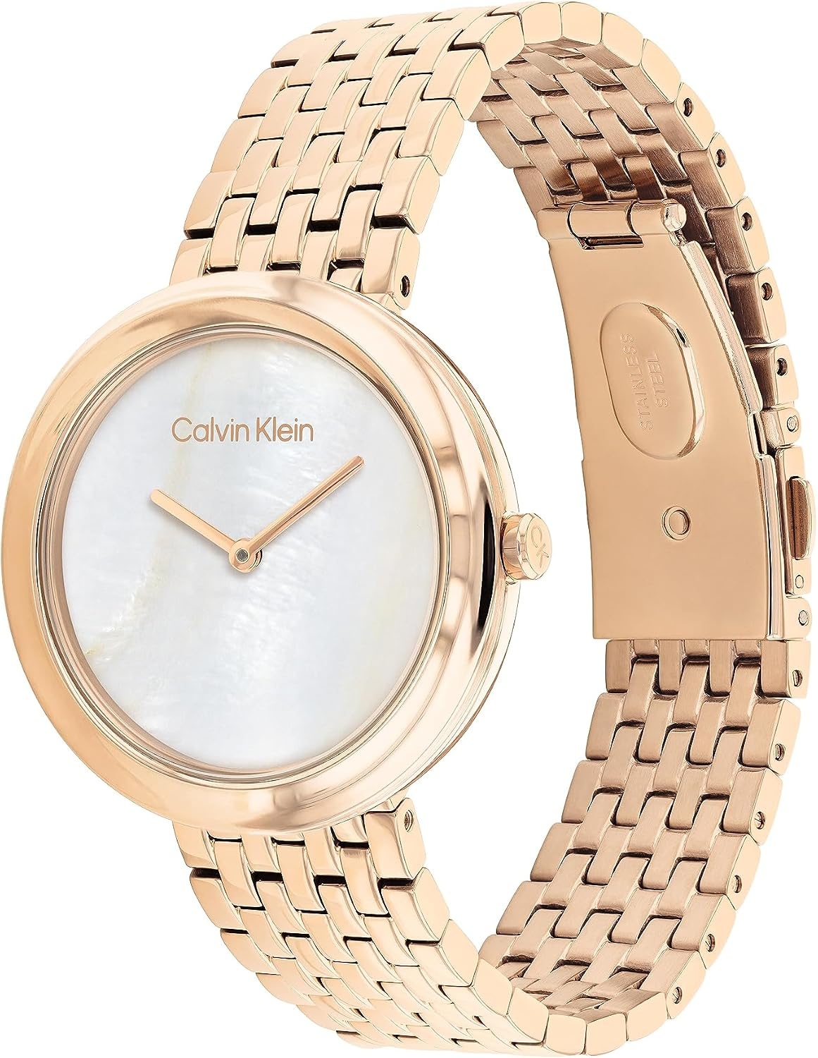 image:imageCalvin Klein Womens Twisted Bezel 34mm 2H Quartz Watch Stainless Steel Bracelet Water Resistance 30 Meters Minimalistic Style Premium Fashion Gift for HerWhite Mother of PearlCarnation Gold