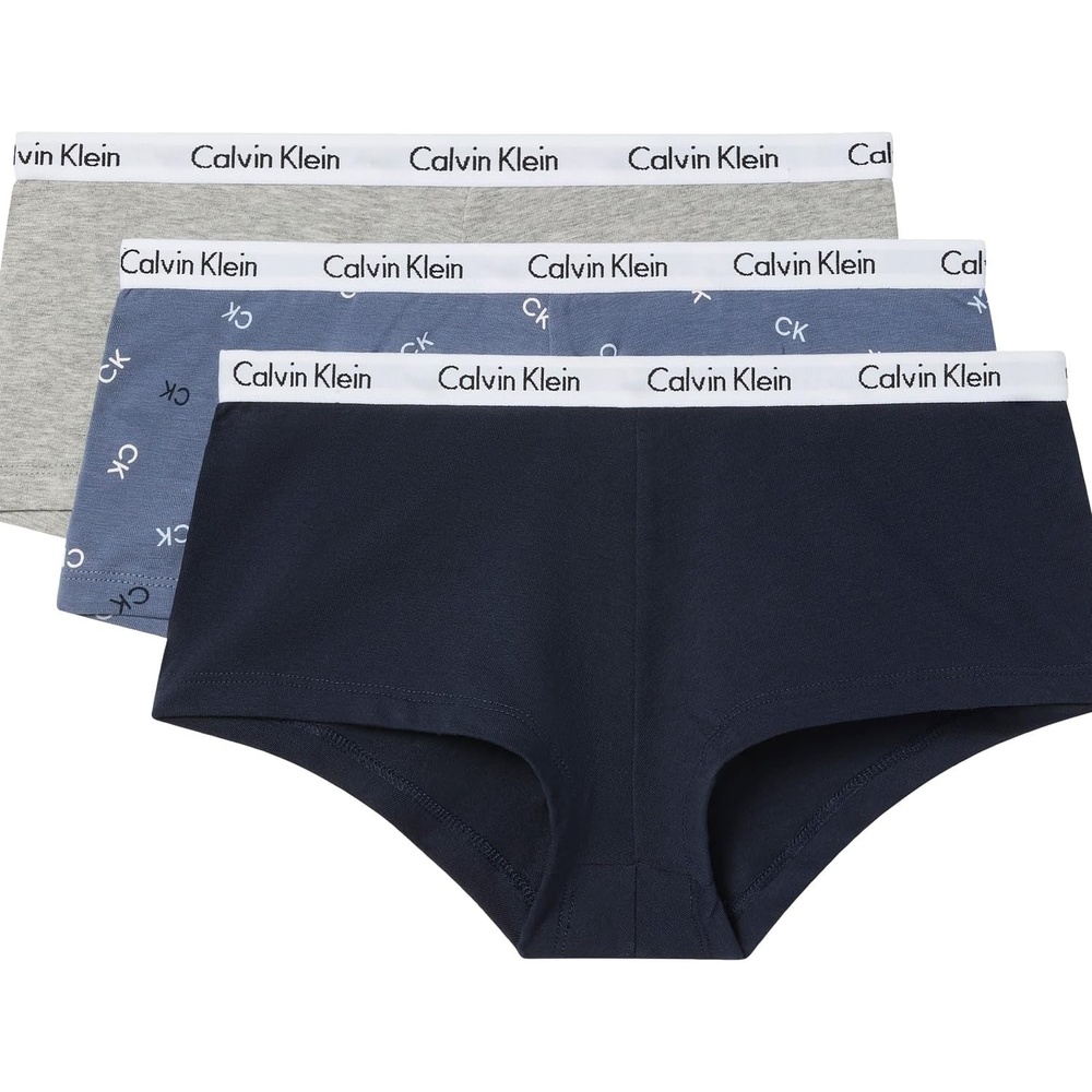 image:imageCalvin Klein Carousel Logo Cotton Stretch Boyshort Panties 3 PackShorelineGrey HeatherLarge Tossed Uppercase Ck Scorched Denim  White
