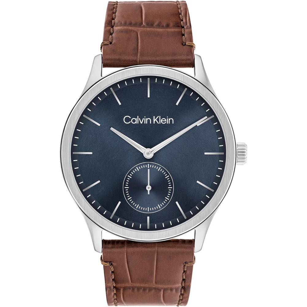 image:imageCalvin Klein Mens CK Tailored Quartz Watch  CrocEmbossed Strap Brushed Dial with SubEye Water Resistant Up to 30m  Classic Modern Timepiece  Gift for Him 42mmBrownBlue
