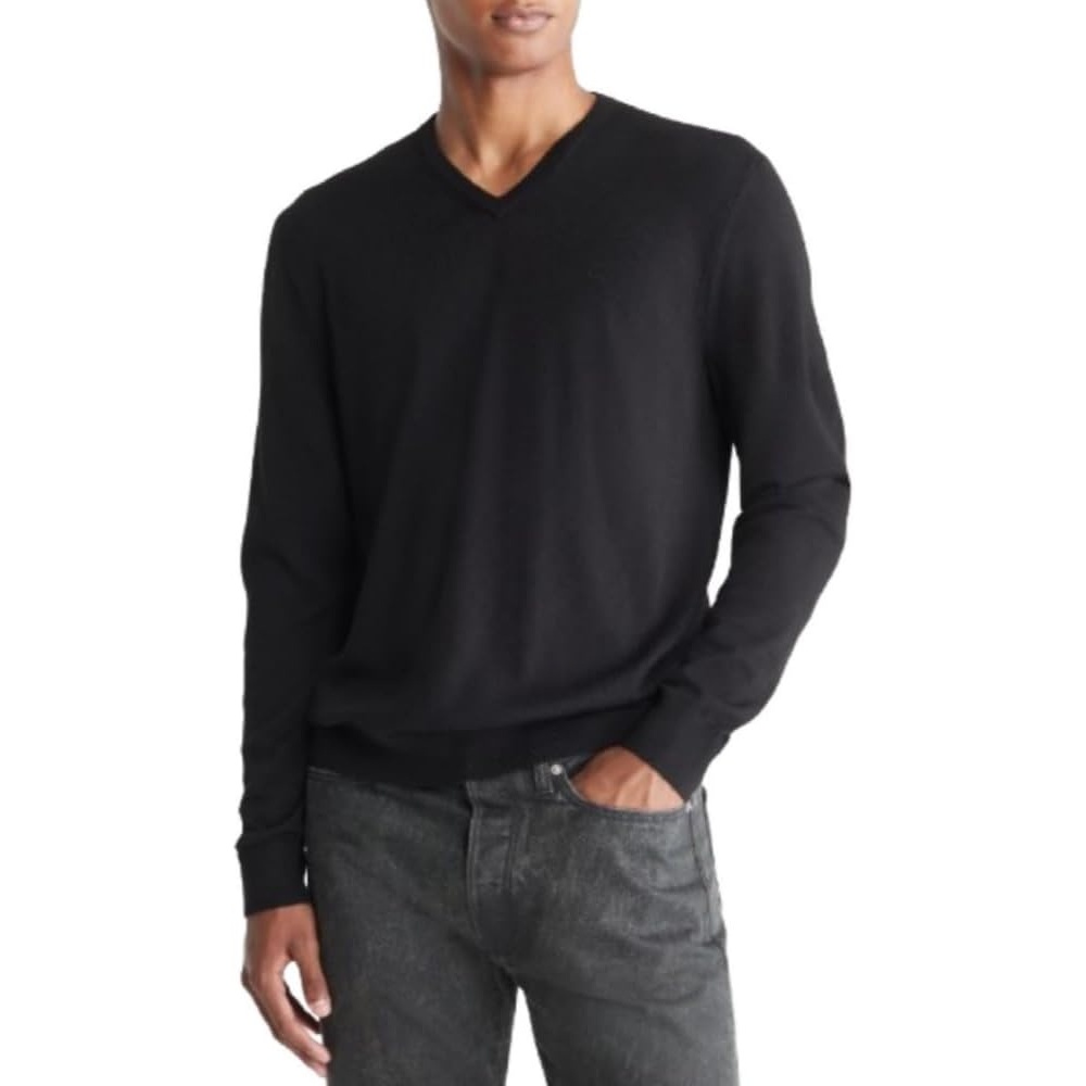 image:imageCalvin Klein Mens Extra Fine Merino Wool Blend VNeck SweaterBlack Beauty