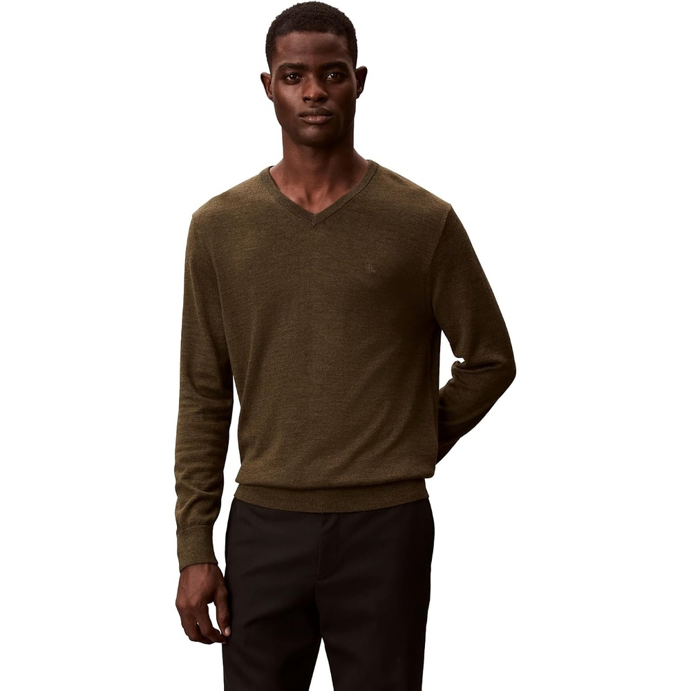image:imageCalvin Klein Mens Extra Fine Merino Wool Blend VNeck SweaterDusty Olive