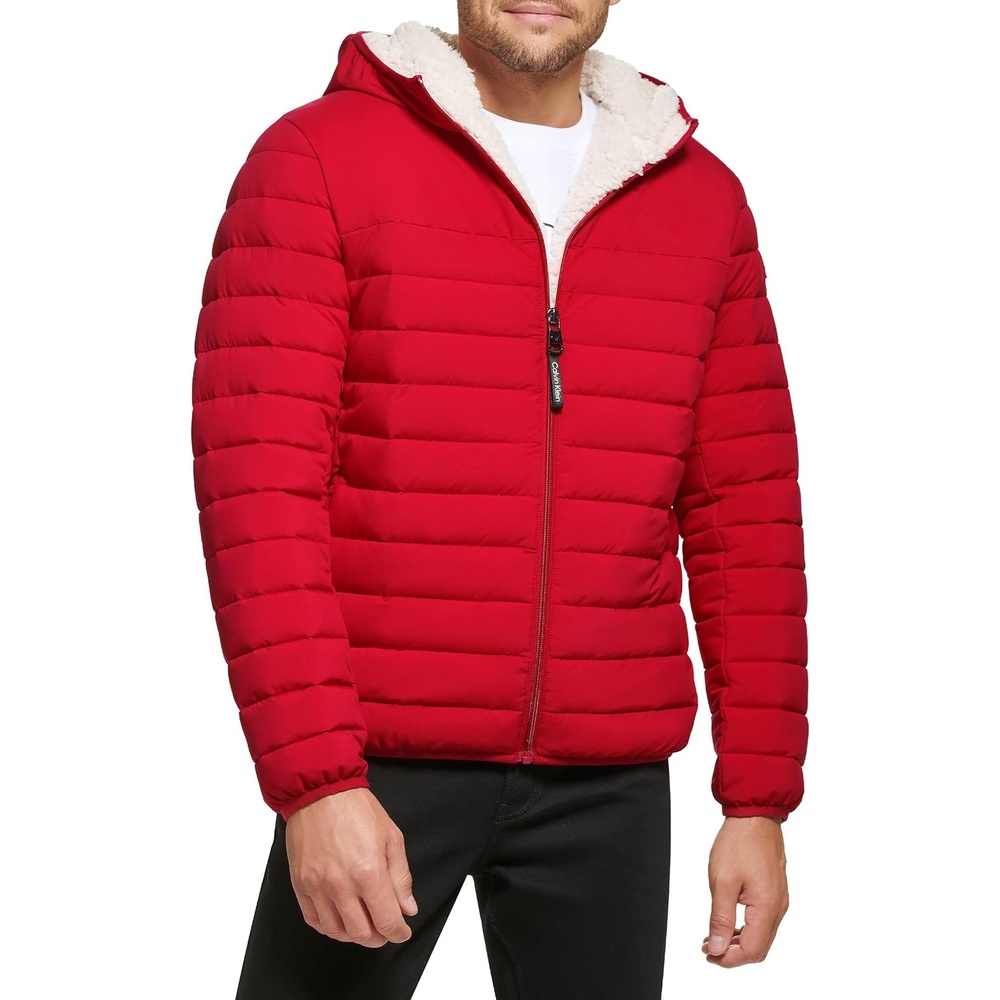 image:imageCalvin Klein Mens Lightweight Packable Down Jacket With Sherpa LiningHooded Down Deep Red