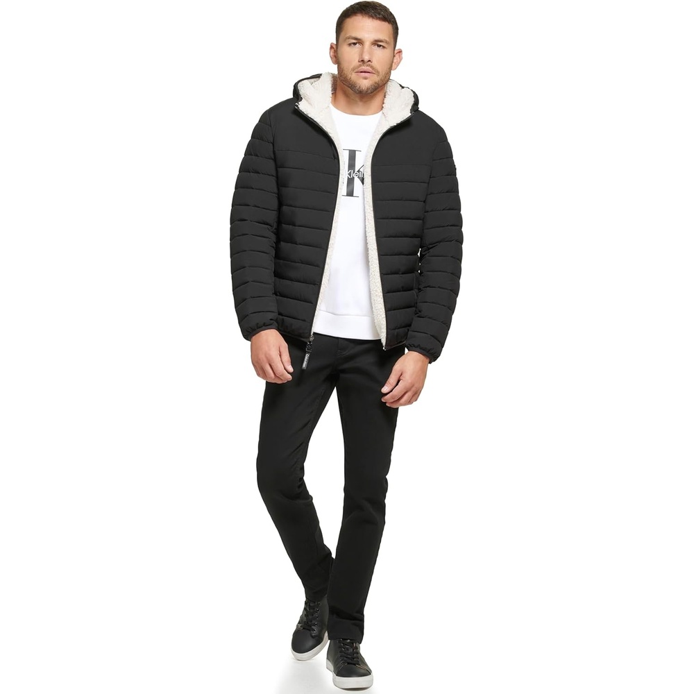 image:imageCalvin Klein Mens Lightweight Packable Down Jacket With Sherpa LiningHooded Down Ebony