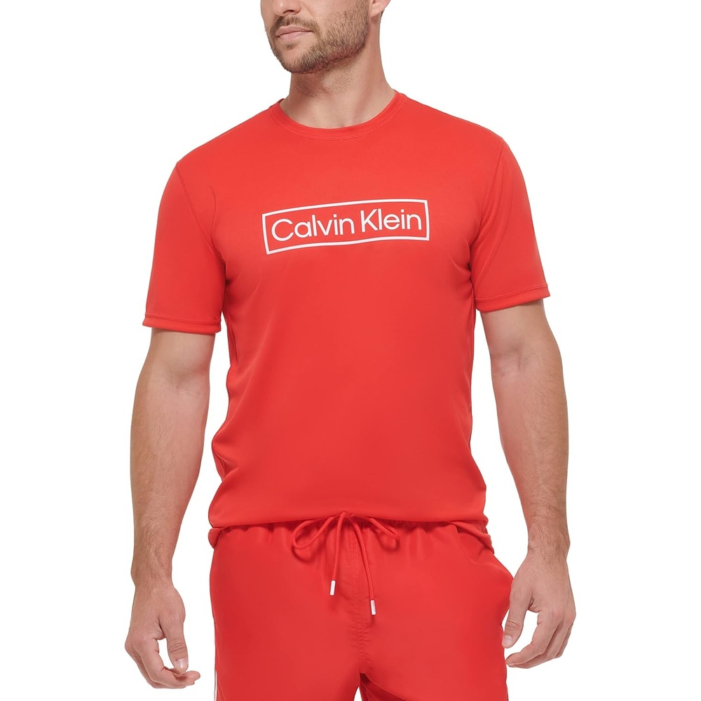 image:imageCalvin Klein Mens Standard Light Weight Quick Dry Short Sleeve 40 UPF Protection Active TopRed Logo